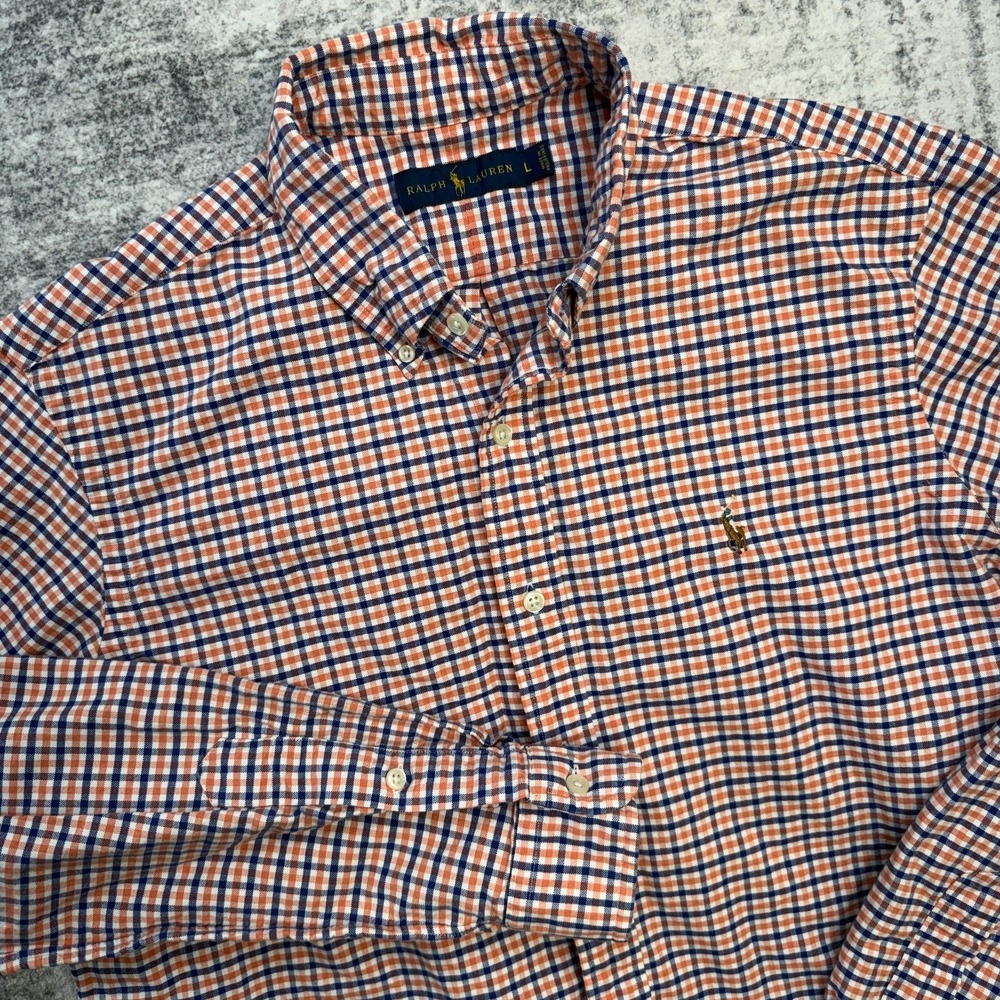 Polo Ralph Lauren Shirt Mens Large Blue Orange Check Oxford Cotton Flesh Pony‎